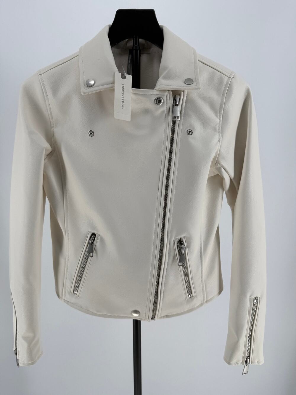 Anthropologie Womens XXS Ivory Faux Leather Moto Jacket Cropped Biker NWT